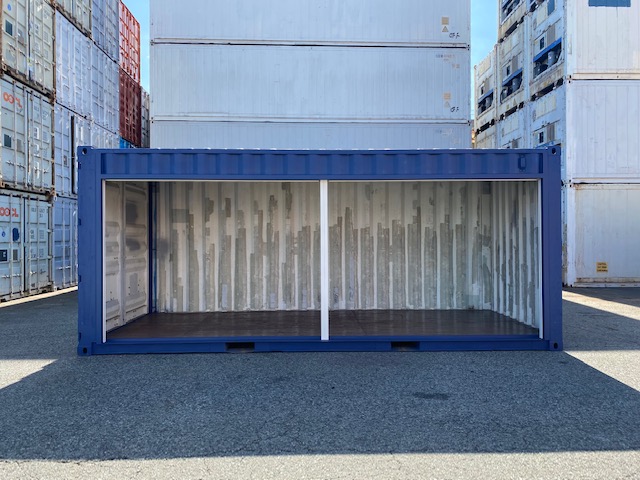 中古20ftドライスチールコンテナ　右パネルフルシャッター付き　紺色