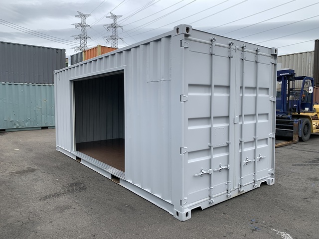 中古20ft　左パネル3mシャッター付きコンテナ
