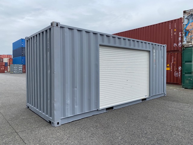 中古20ft ドライスチールコンテナ 左パネル3mシャッター付き　グレー②　TKCU0664311