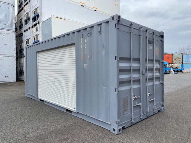 中古20ft ドライスチールコンテナ 左パネル3mシャッター付き　グレー②　TKCU0664311
