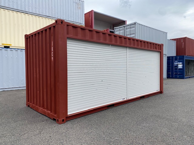 中古20ft ドライスチールコンテナ　左パネルフルシャッター付き　赤茶