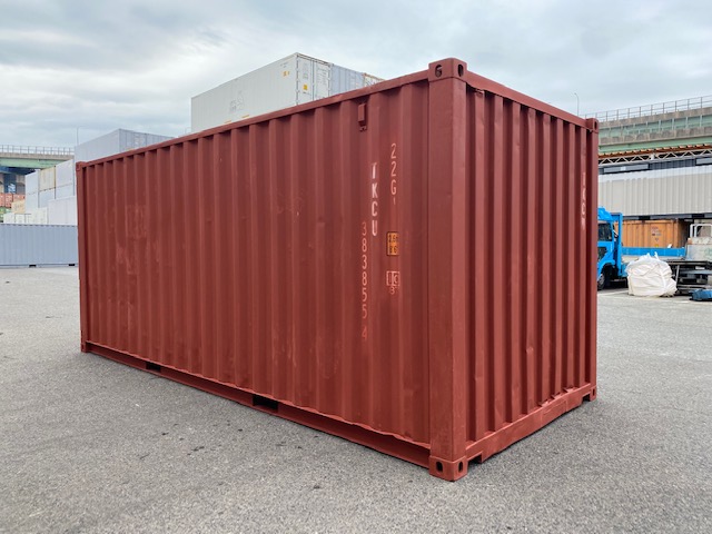 中古20ft ドライスチールコンテナ　左パネルフルシャッター付き　赤茶