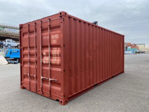 中古20ft ドライスチールコンテナ　左パネルフルシャッター付き　赤茶