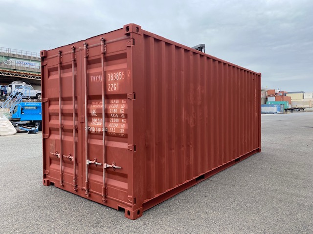 中古20ft ドライスチールコンテナ　左パネルフルシャッター付き　赤茶
