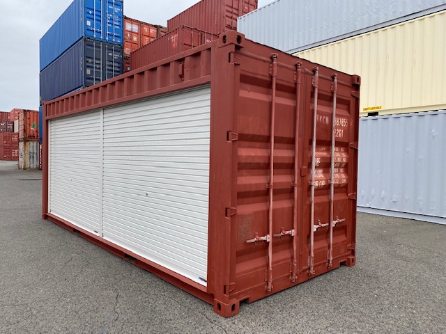 中古20ft ドライスチールコンテナ　左パネルフルシャッター付き　赤茶