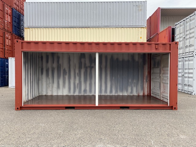 中古20ft ドライスチールコンテナ　左パネルフルシャッター付き　赤茶
