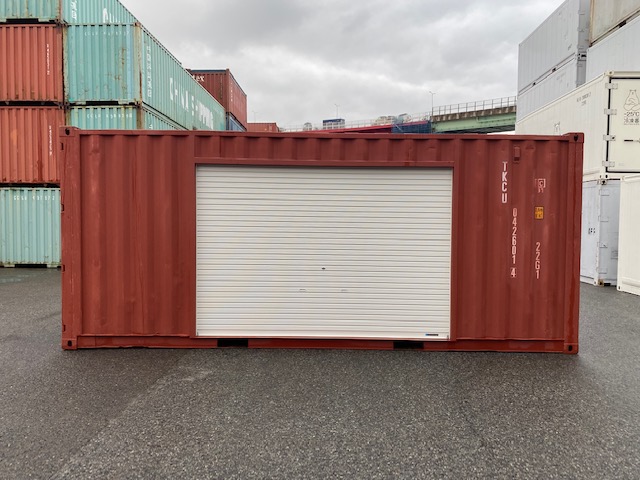 中古20ft ドライスチールコンテナ 右パネル3mシャッター付き　赤茶①　TKCU0426014