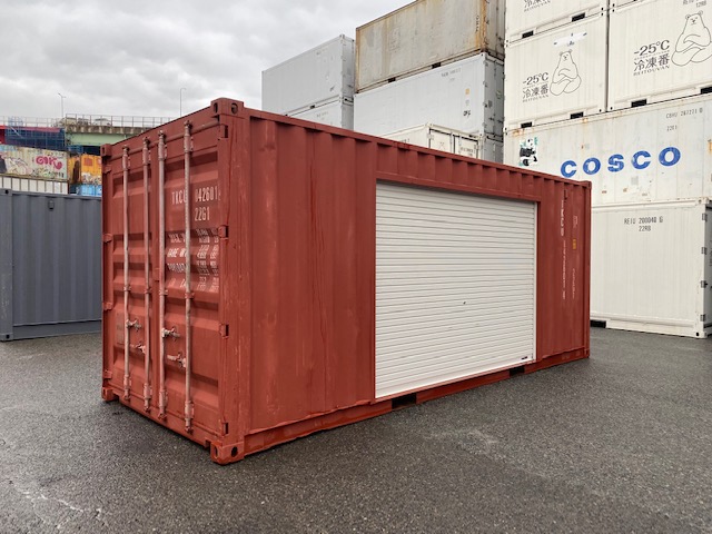 中古20ft ドライスチールコンテナ 右パネル3mシャッター付き　赤茶①　TKCU0426014