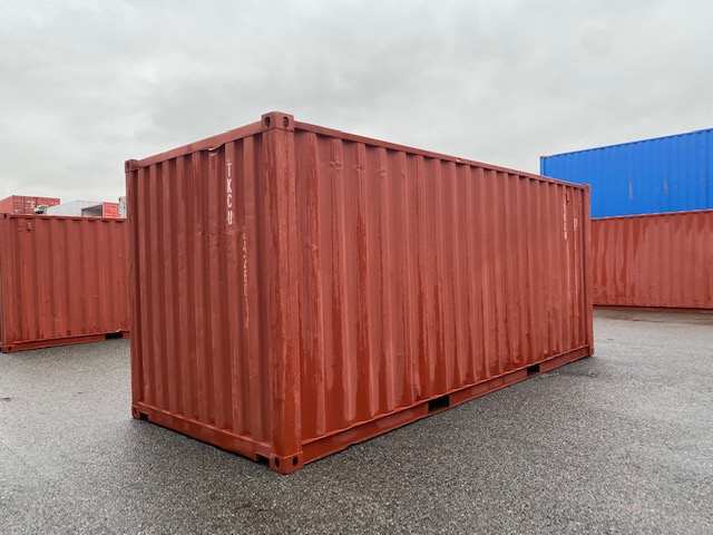 中古20ft ドライスチールコンテナ 右パネル3mシャッター付き　赤茶①　TKCU0426014