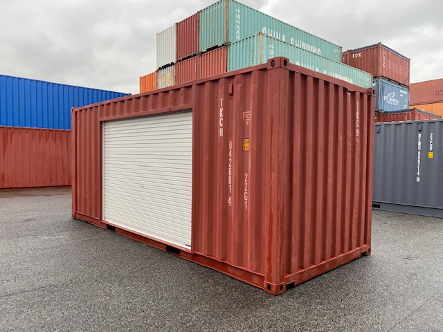 中古20ft ドライスチールコンテナ 右パネル3mシャッター付き　赤茶①　TKCU0426014