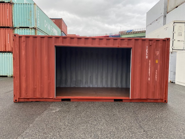 中古20ft ドライスチールコンテナ 右パネル3mシャッター付き　赤茶①　TKCU0426014