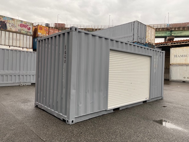 中古20ft ドライスチールコンテナ 左パネル3mシャッター付き　グレー①　TKCU0608637