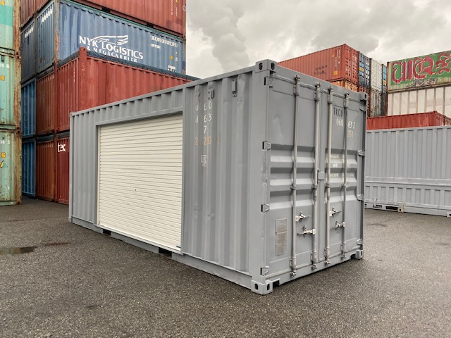 中古20ft ドライスチールコンテナ 左パネル3mシャッター付き　グレー①　TKCU0608637