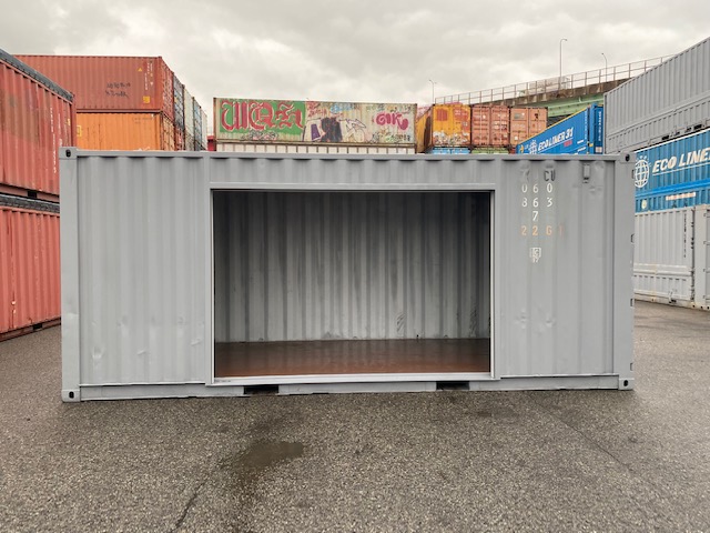 中古20ft ドライスチールコンテナ 左パネル3mシャッター付き　グレー①　TKCU0608637