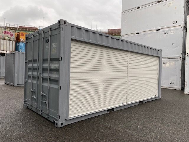 中古20ft ドライスチールコンテナ 右パネルフルシャッター付き　グレー