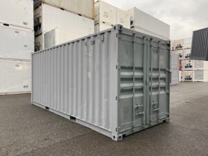 中古20ft ドライスチールコンテナ 右パネルフルシャッター付き　グレー