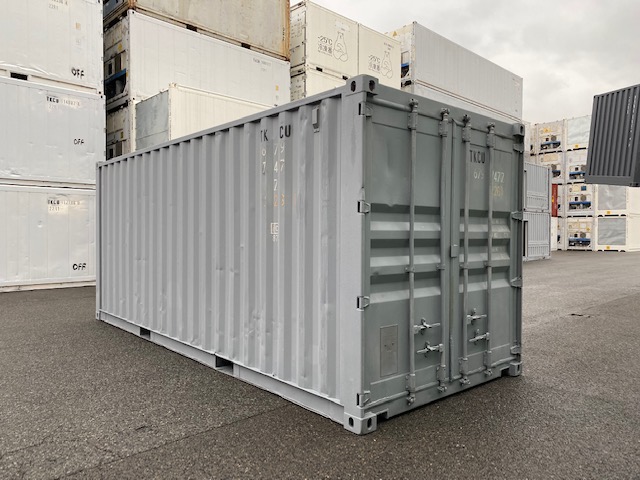 中古20ft ドライスチールコンテナ 右パネルフルシャッター付き　グレー