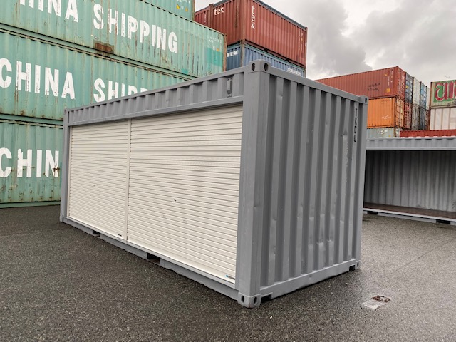 中古20ft ドライスチールコンテナ 右パネルフルシャッター付き　グレー