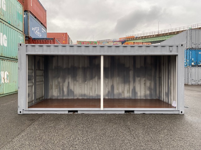 中古20ft ドライスチールコンテナ 右パネルフルシャッター付き　グレー