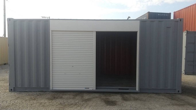 中古20ft ドライスチールコンテナ　グレー錆止め塗装、3mシャッター付き