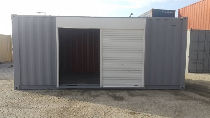 中古20ft ドライスチールコンテナ　グレー錆止め塗装、3mシャッター付き