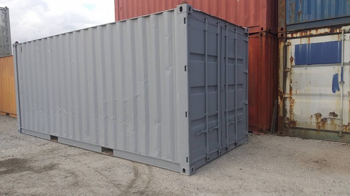 中古20ft ドライスチールコンテナ　グレー錆止め塗装済み、2mシャッター付き