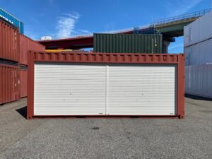 中古20ftドライスチールコンテナ 左パネルフルシャッター付き　赤茶　TKCU2519902