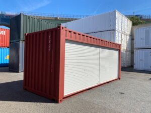 中古20ftドライスチールコンテナ 左パネルフルシャッター付き　赤茶　TKCU2519902