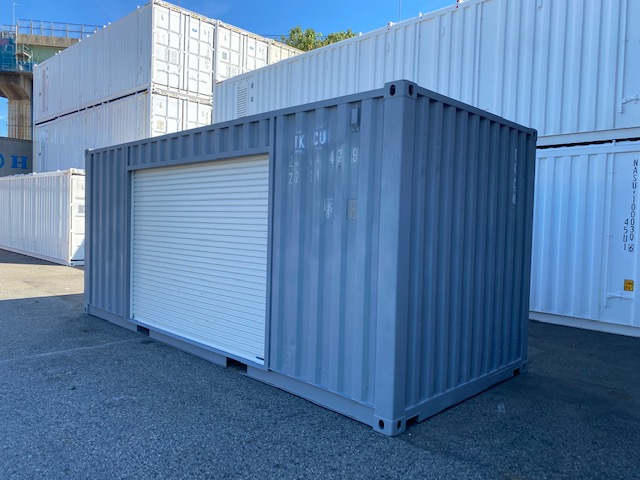 中古20ft ドライスチールコンテナ 右パネル3mシャッター付き　グレー①　TKCU2044429