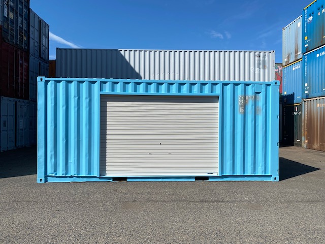 中古20ft ドライスチールコンテナ 左パネル3mシャッター付き　水色　TKCU2210178