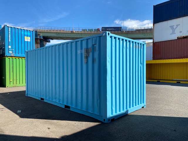 中古20ft ドライスチールコンテナ 左パネル3mシャッター付き　水色　TKCU2210178