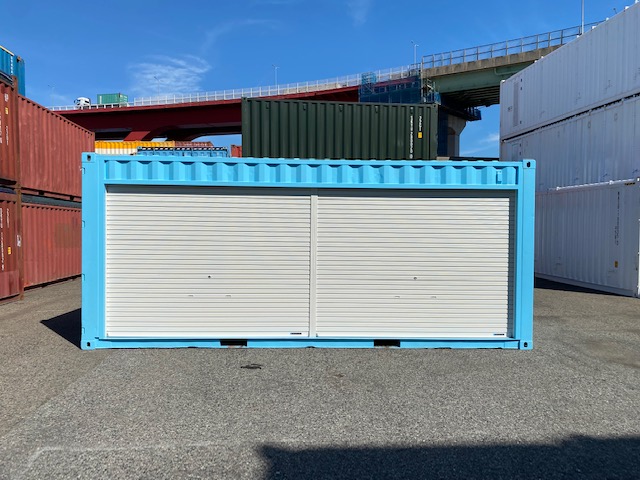 中古20ftドライスチールコンテナ 右パネルフルシャッター付き　水色　TKCU6770820