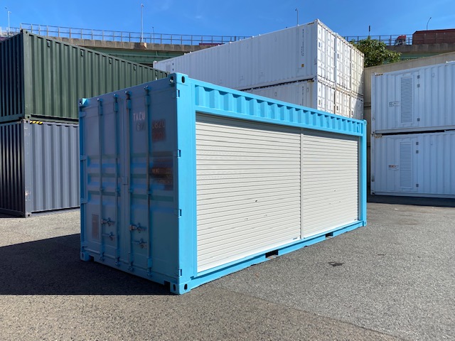 中古20ftドライスチールコンテナ 右パネルフルシャッター付き　水色　TKCU6770820