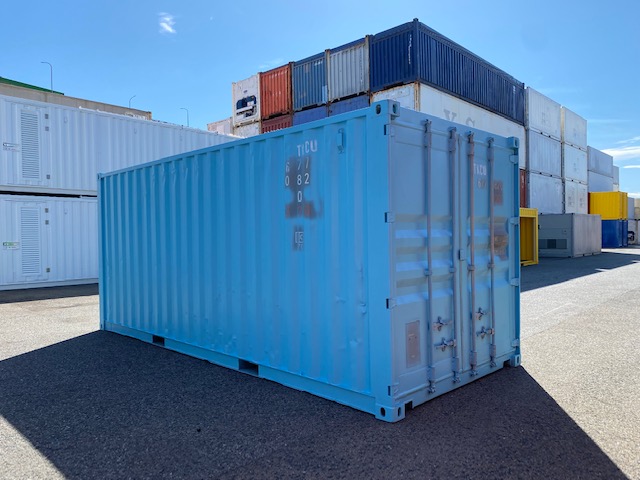 中古20ftドライスチールコンテナ 右パネルフルシャッター付き　水色　TKCU6770820