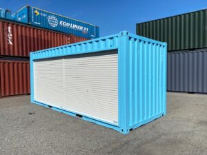 中古20ftドライスチールコンテナ 右パネルフルシャッター付き　水色　TKCU6770820