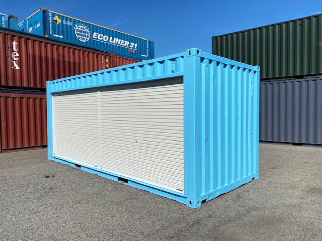 中古20ftドライスチールコンテナ 右パネルフルシャッター付き　水色　TKCU6770820