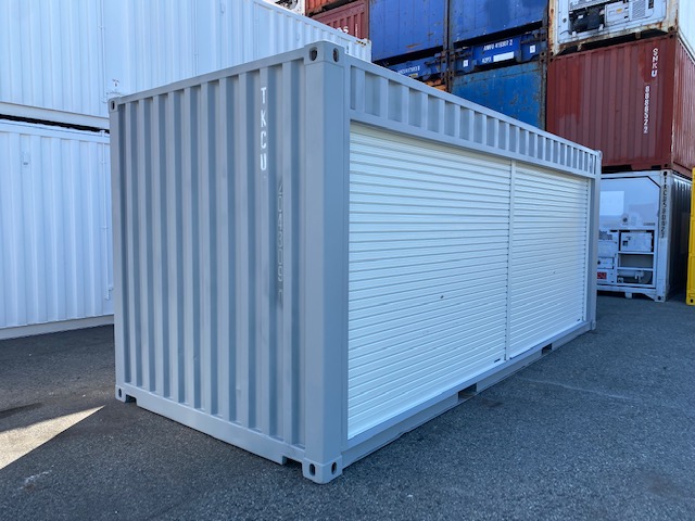 中古20ftドライスチールコンテナ 左パネルフルシャッター付き　グレー　TKCU2043090