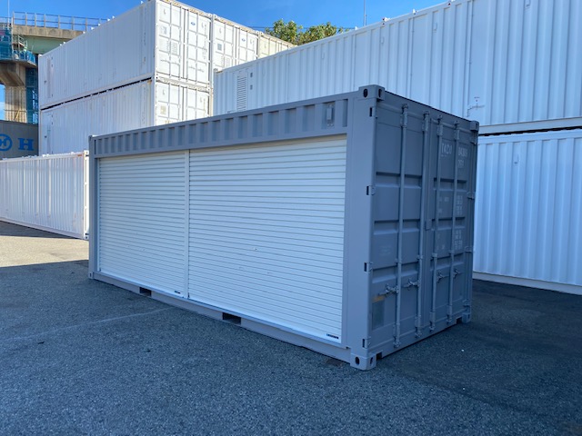 中古20ftドライスチールコンテナ 左パネルフルシャッター付き　グレー　TKCU2043090