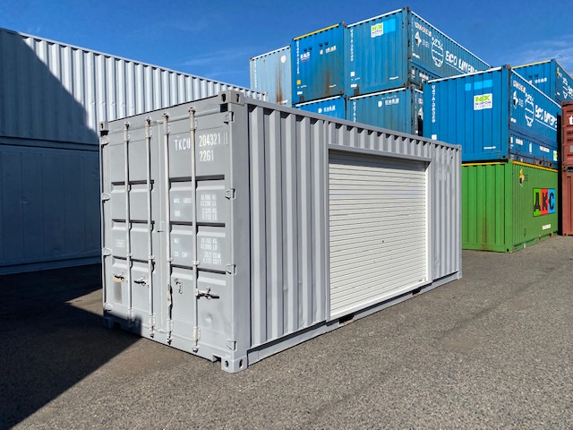 中古20ft ドライスチールコンテナ 右パネル3mシャッター付き　グレー②　TKCU2043211