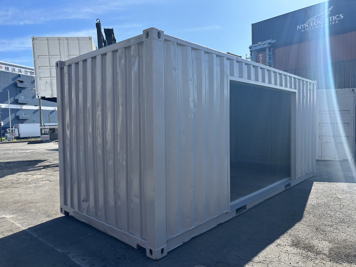 中古20ft　ドライスチール　サイド3mシャッター付き