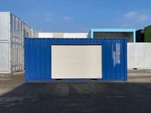 中古20ft ドライスチールコンテナ 右パネル3mシャッター付き　ネイビー　TKCU2136235